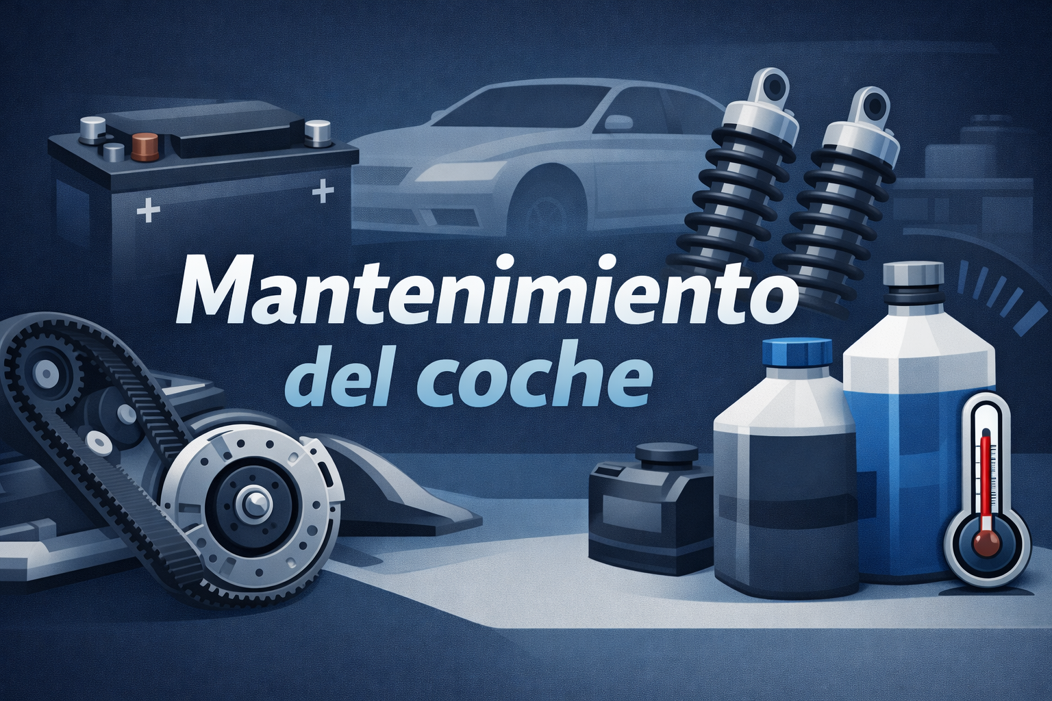 Imagen destacada sobre mantenimiento del coche con batería, amortiguadores, correa y líquidos.
