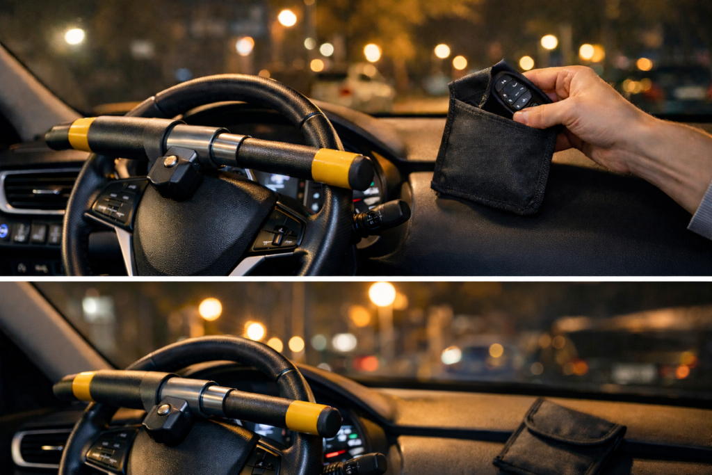 Bloqueo de volante y llave guardada en funda Faraday para evitar el robo del coche por la noche
