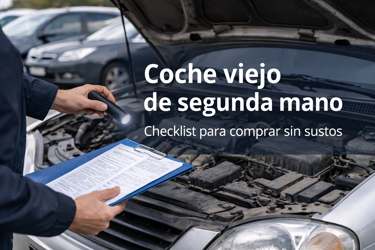 Coche viejo de segunda mano con capó abierto y texto “Coche viejo de segunda mano”