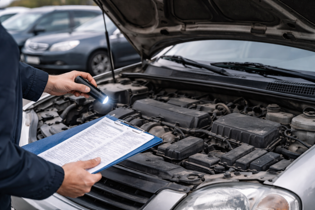 Persona revisando el motor de un coche viejo de segunda mano con el capó abierto y documentación en la mano