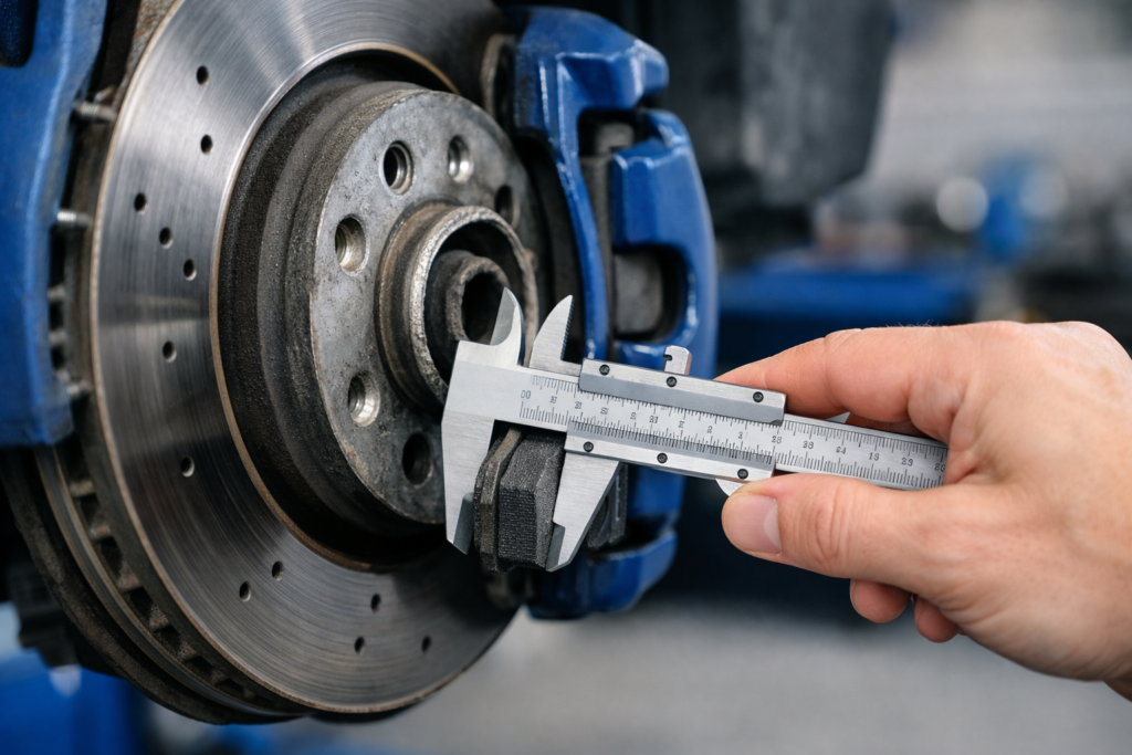 Mano midiendo el grosor de una pastilla de freno junto al disco