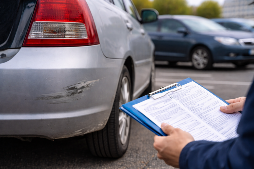 Coche aparcado con un roce leve y una póliza en mano para ilustrar diferencias entre seguro a terceros y todo riesgo