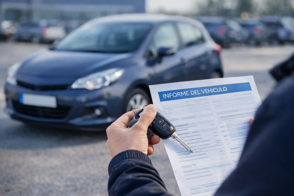 Manos con llaves y un informe del vehículo antes de comprar un coche de segunda mano.