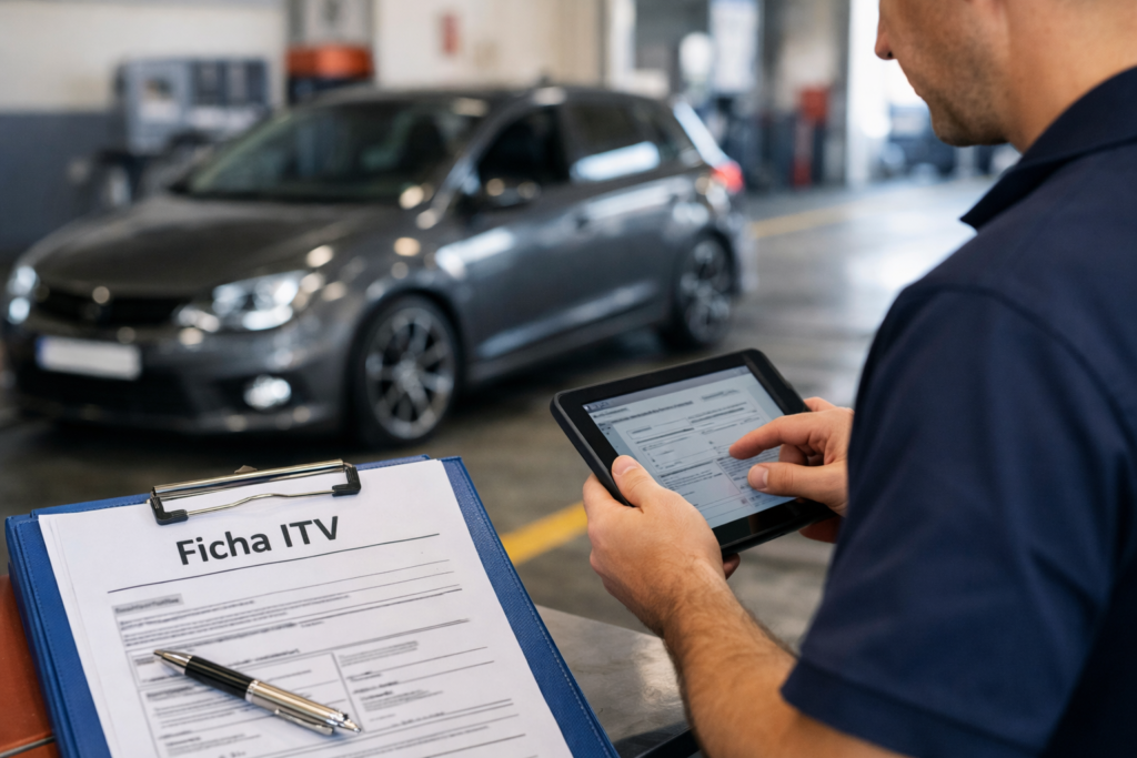 Técnico revisando la ficha ITV de un coche modificado en una estación de ITV