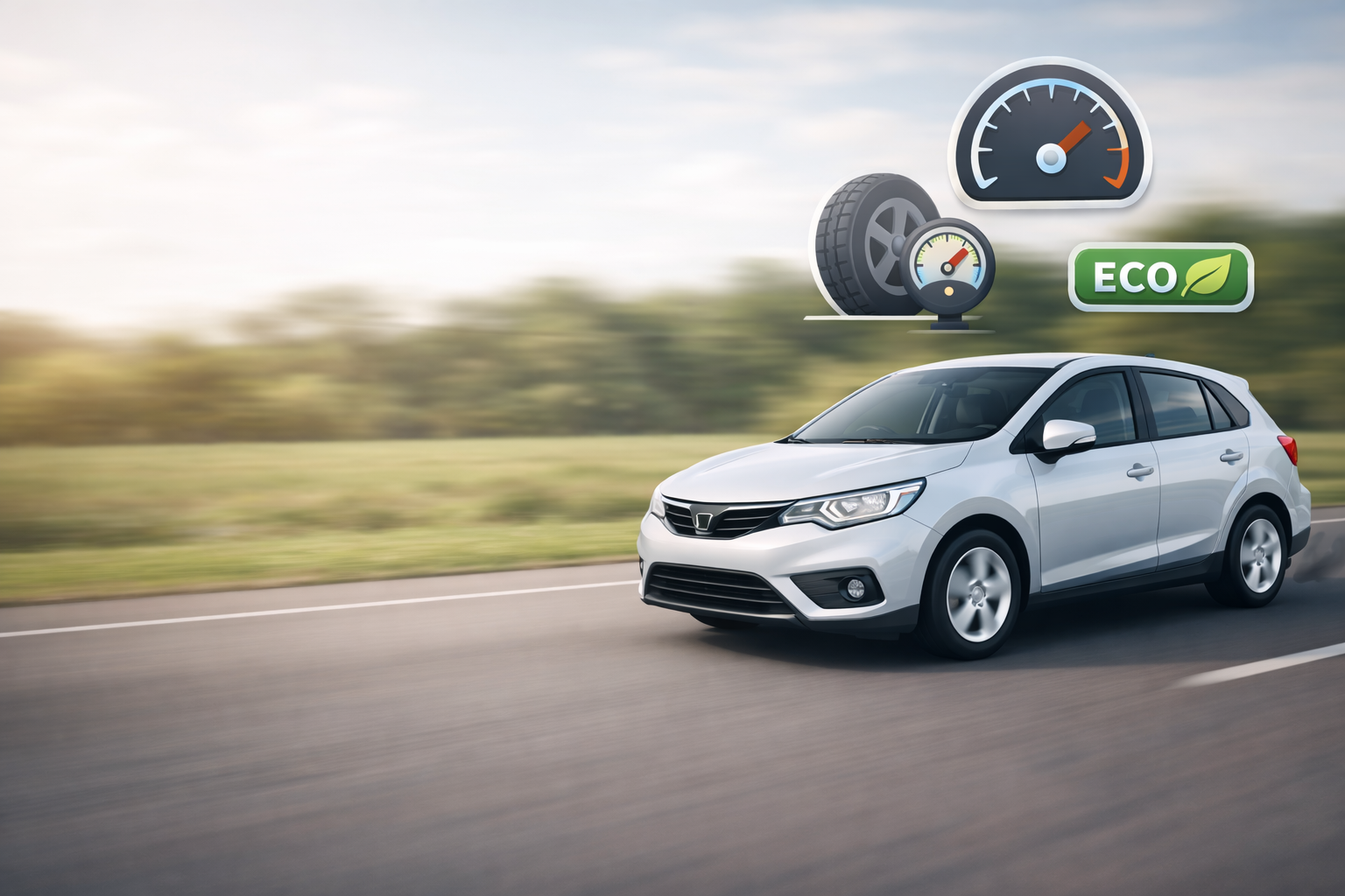 Coche en carretera con iconos ECO para ahorrar combustible en gasolina y diésel