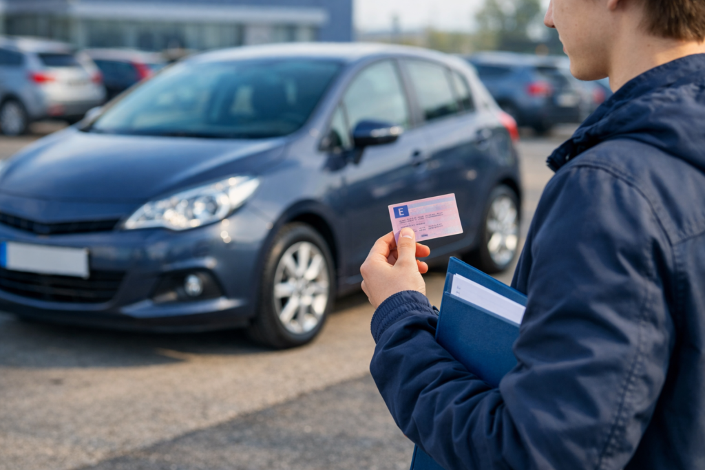Coche pequeño de segunda mano con titular sobre primer coche para conductor novel.