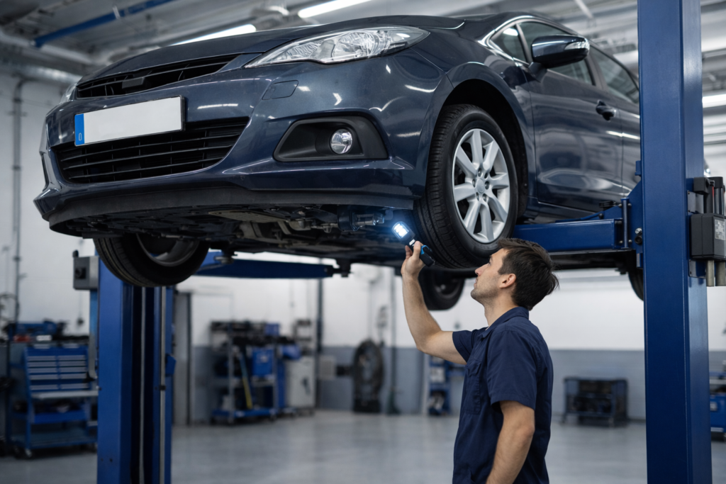 Revisión precompra en taller de un coche de segunda mano antes de cerrar la compra.