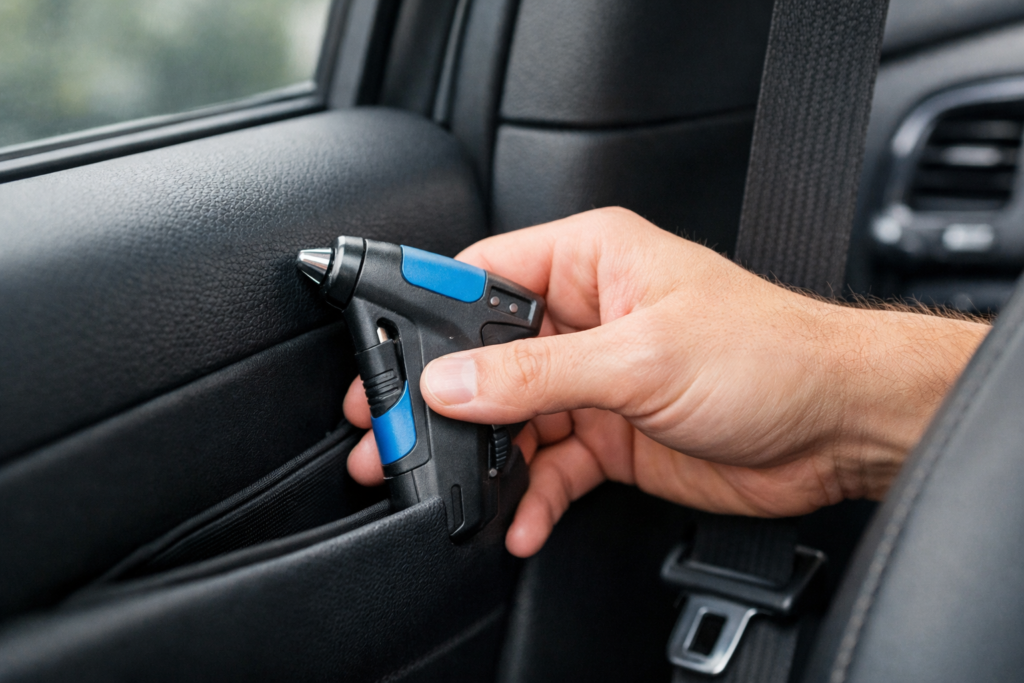 Mano cogiendo un rompecristales y cortacinturón desde la puerta del coche