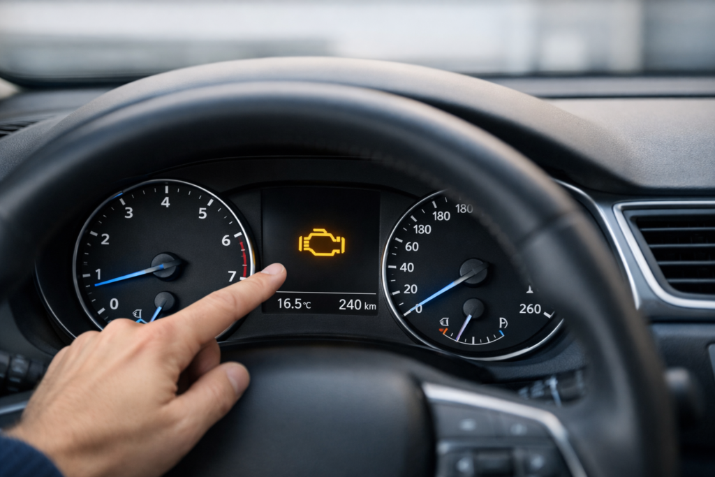 Cuadro de instrumentos con el testigo del motor en amarillo encendido