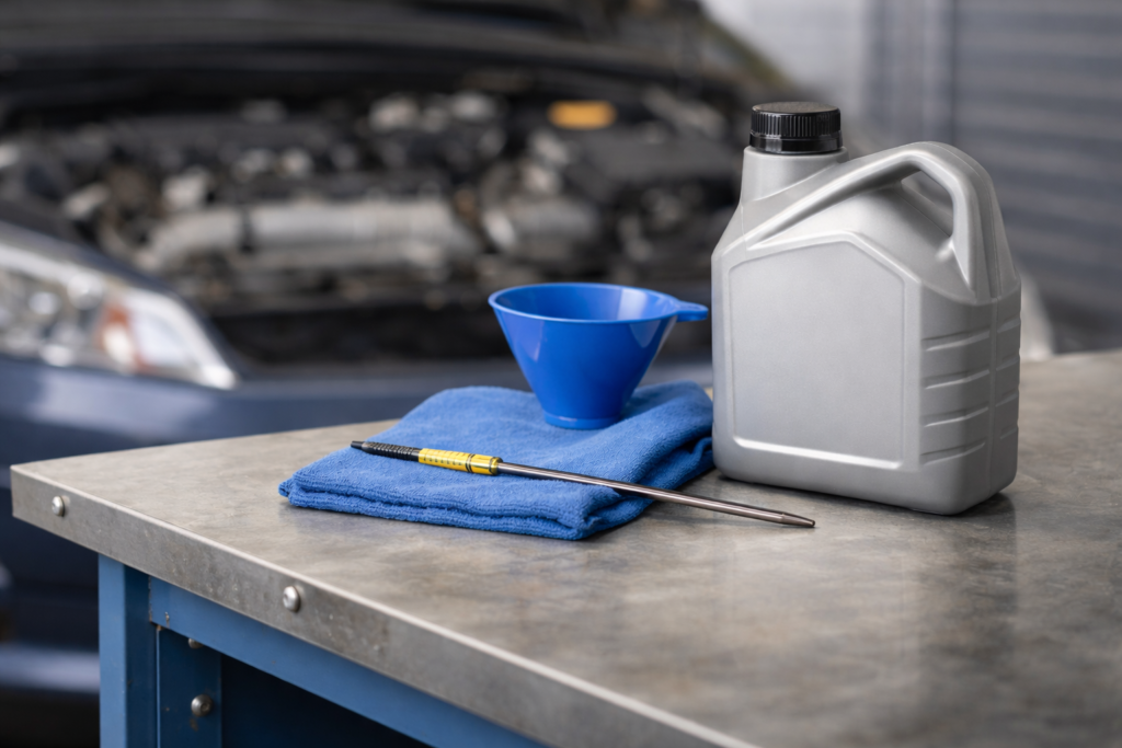 Varilla de aceite y garrafa genérica en una mesa de garaje para explicar tipos de aceite y viscosidades
