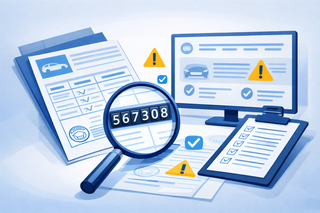 Documentos de ITV y historial del vehículo con una lupa sobre el kilometraje para comprobar si los km son reales
