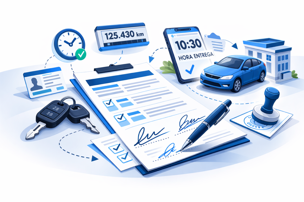 Contrato de compraventa de coche con firmas, hora y kilómetros representados con iconos para evitar problemas entre particulares