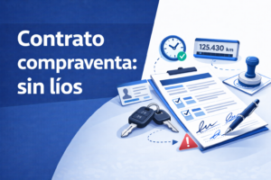 Imagen destacada sobre contrato de compraventa de coche entre particulares con iconos de hora exacta, kilómetros y firmas