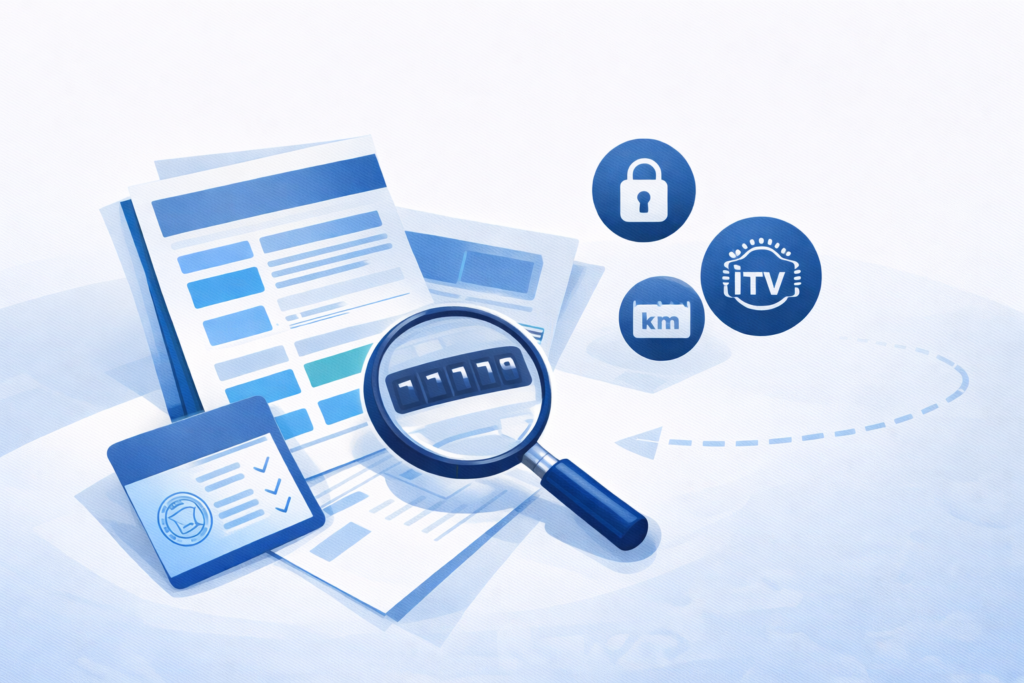 Ilustración de informe de vehículo con tarjeta ITV y lupa sobre el kilometraje para comprobar cargas, ITV y kilómetros antes de comprar