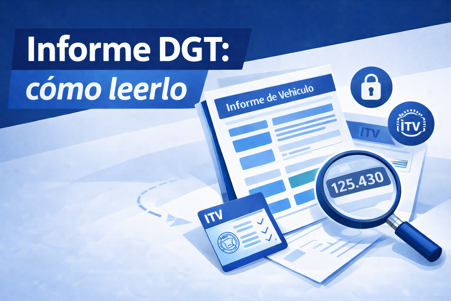 Imagen destacada sobre cómo leer el informe DGT con iconos de cargas, ITV y kilómetros y un informe de vehículo ilustrado