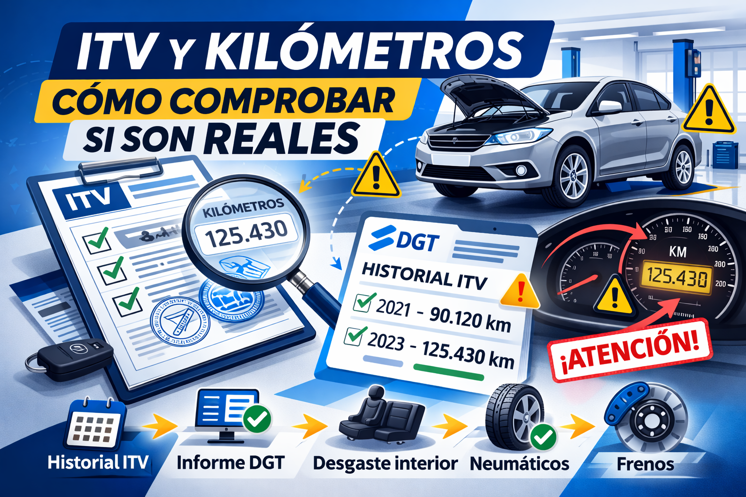 Imagen destacada sobre ITV y kilómetros con checklist, historial de inspecciones y cuadro de kilometraje para comprobar si son reales