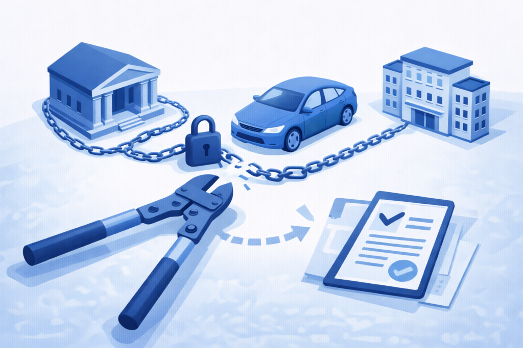 Documentos y candado sobre un coche que representan la reserva de dominio y su cancelación antes de transferir