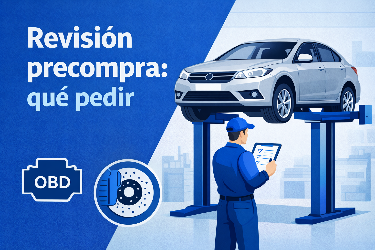 Portada con coche en elevador y texto “Revisión precompra: qué pedir”