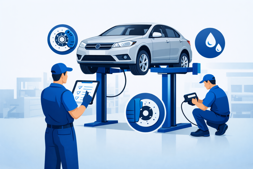 Coche en elevador con mecánico revisando checklist y diagnosis OBD en revisión precompra