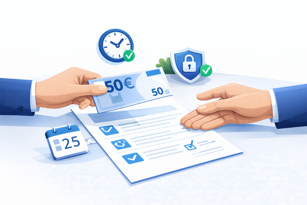 Señal o arras para reservar un coche con contrato, plazo y condiciones representadas con iconos