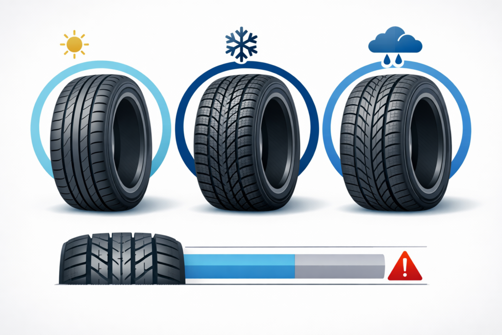 Infografía con neumáticos de verano, invierno y todo tiempo y guía visual de desgaste