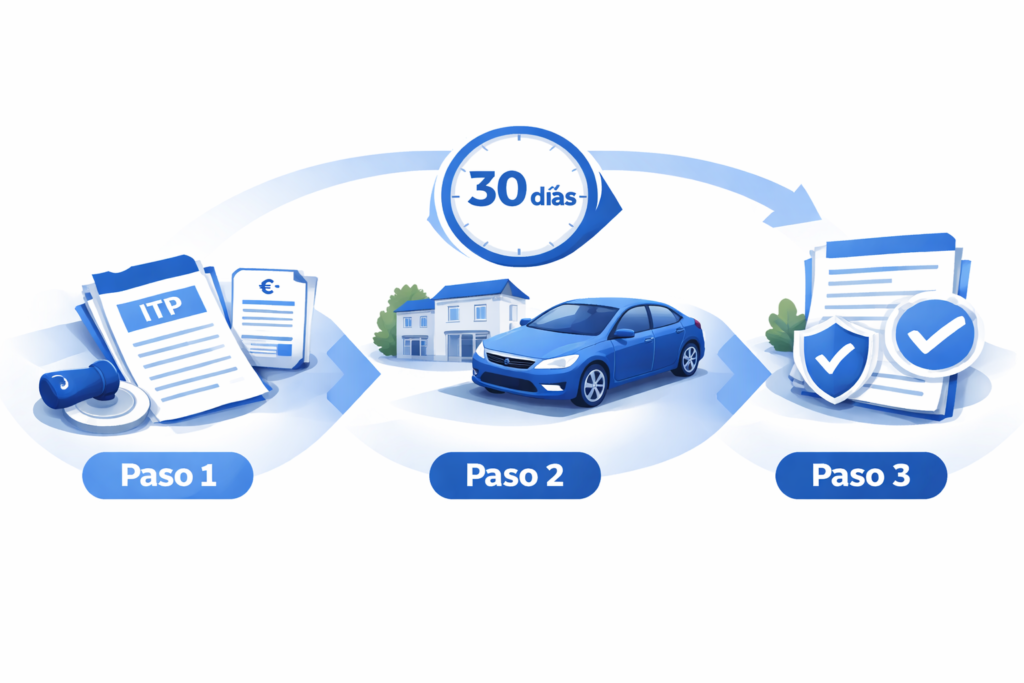Infografía de trámites tras comprar un coche usado con pasos ITP, cambio de titularidad y notificación de venta